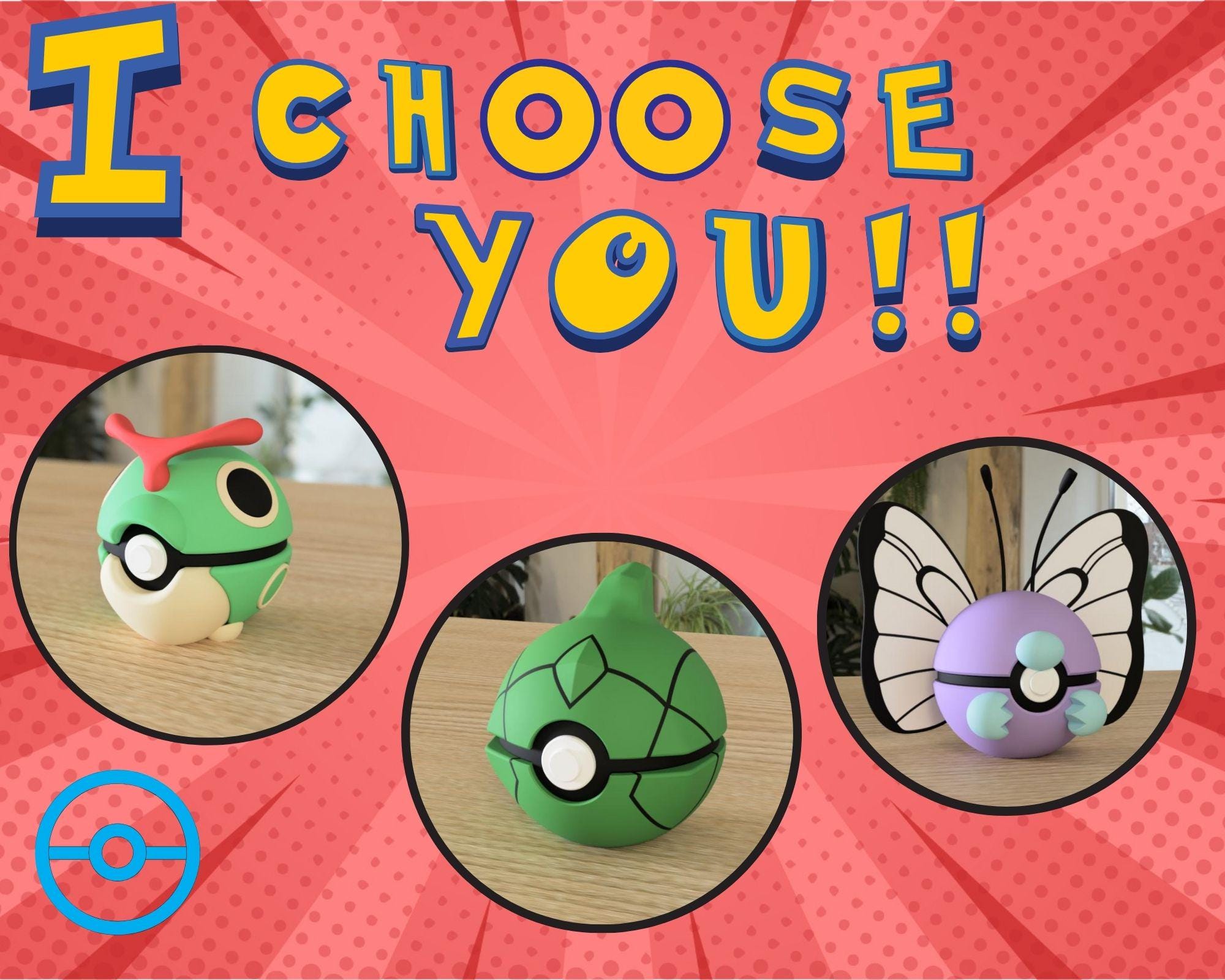Bug-Type Evolution display Poké Ball   Caterpie, Metapod and Butterfree pokemon evolution | 3D Printed Pokeball Collectible